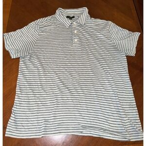 Vince 100% Linen Size Large Blue Black Stripe Short Sleeve Polo Shirt
